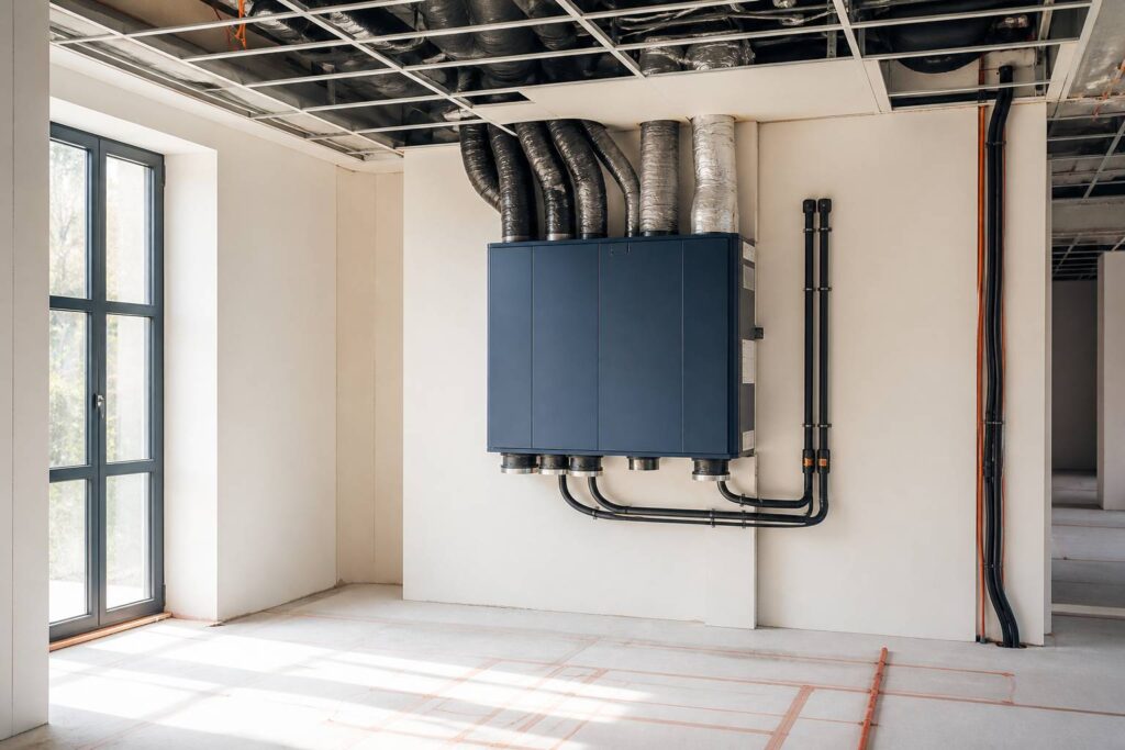 Caisson de VMC double flux avec gaines dans un logement en rénovation