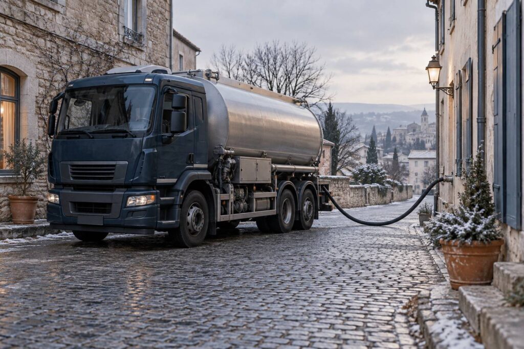Camion de livraison de fioul domestique dans une rue pavée, carrosserie unie sans inscription