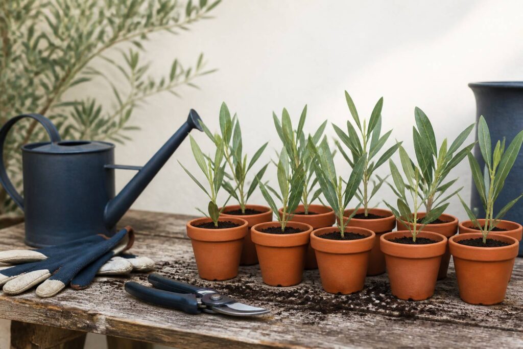 Boutures de laurier-rose plantées dans des pots de terre cuite sur une table de jardin