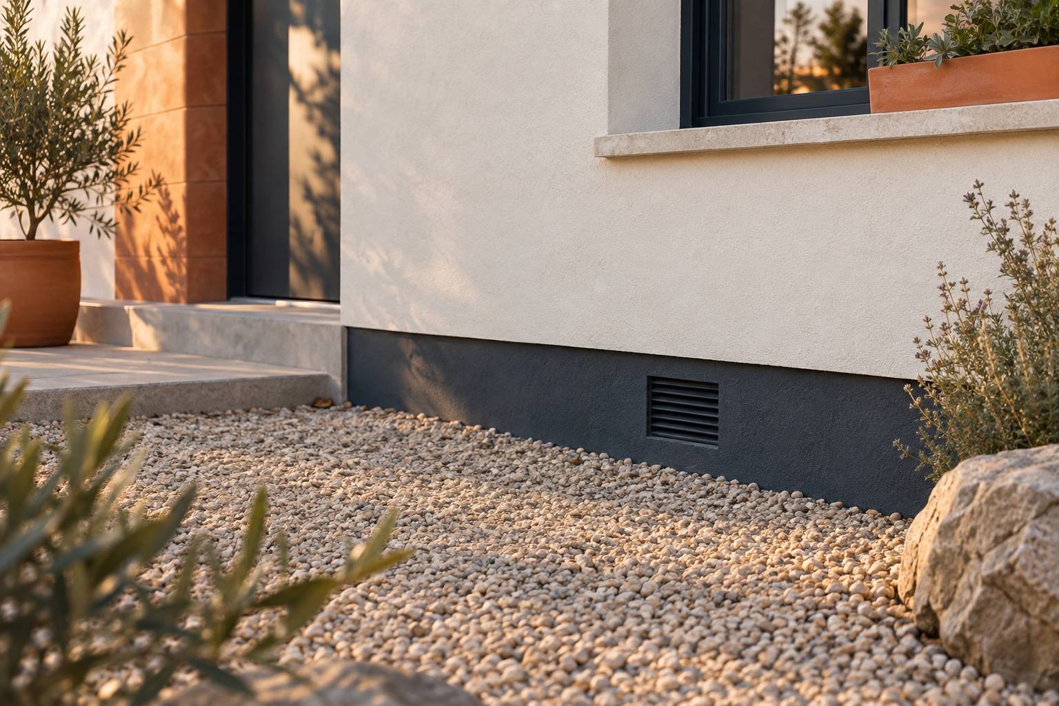 Soubassement de mur de maison et grille d'aeration vus en plongee