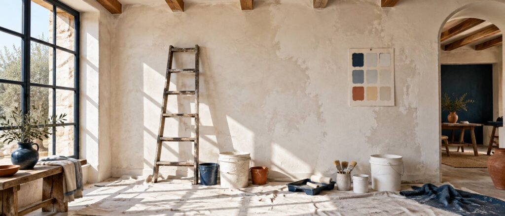 Chantier de peinture sur enduit à la chaux avec seaux et pinceaux