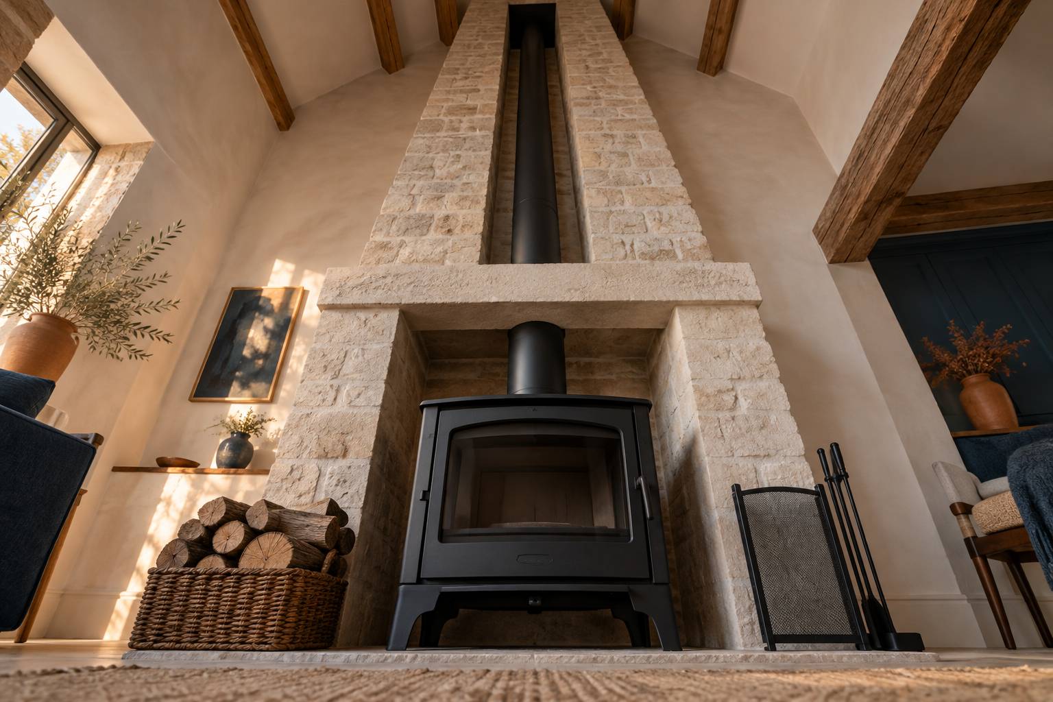Poele a bois recent et buches seches poses au sol dans un interieur de campagne