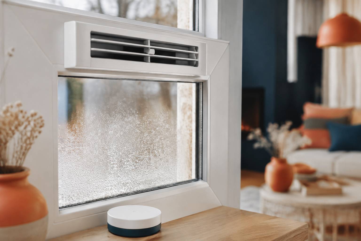 Entrée d'air aux lamelles réglables avec gouttes de condensation et hygromètre sur le rebord