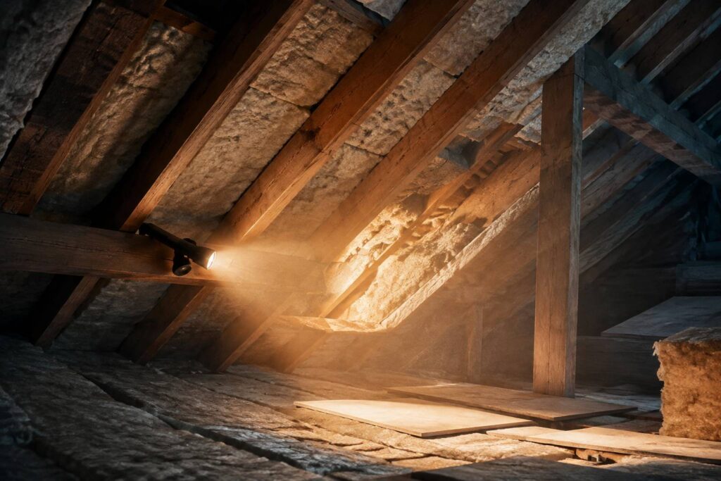 Combles sous toiture avec isolation en laine et zone suspecte éclairée par une lampe torche