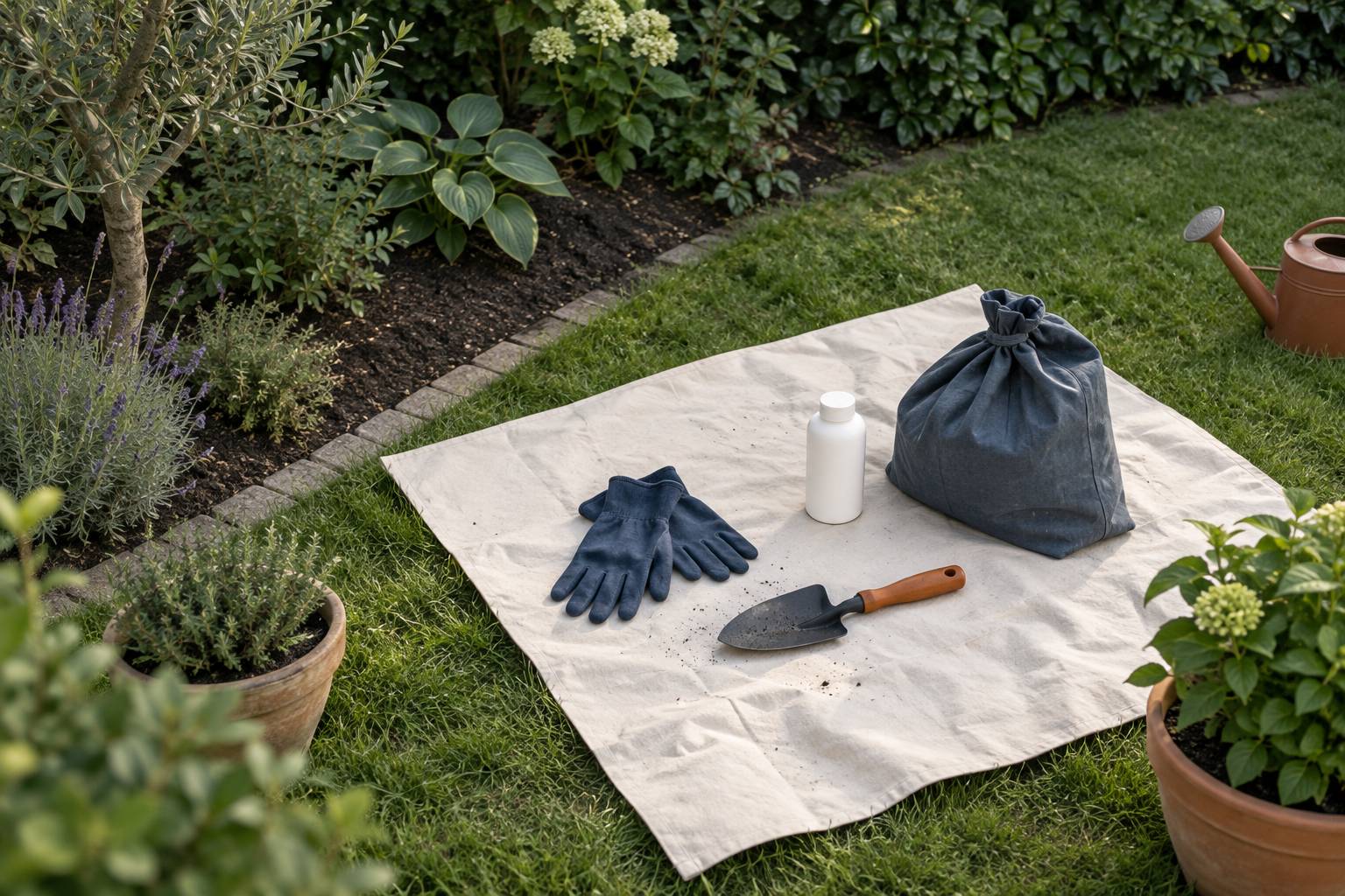 Gants, sac ferme et petite pelle poses sur une bache au jardin