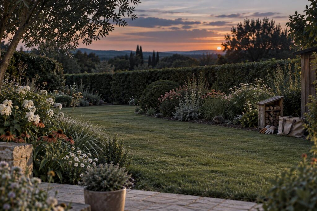 Jardin soigne au crepuscule avec haie taillee et abri de bois au sol