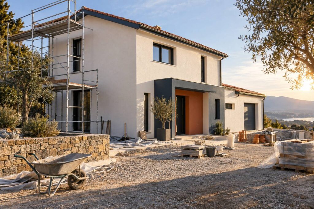 Façade fraîchement enduite et échafaudage en fin de chantier