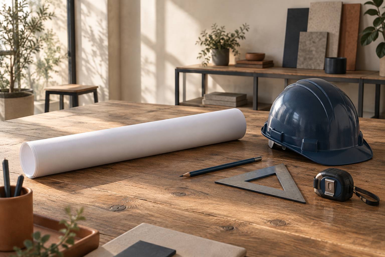 Casque de chantier, plans roulés et équerre sur une table de bureau d'étude