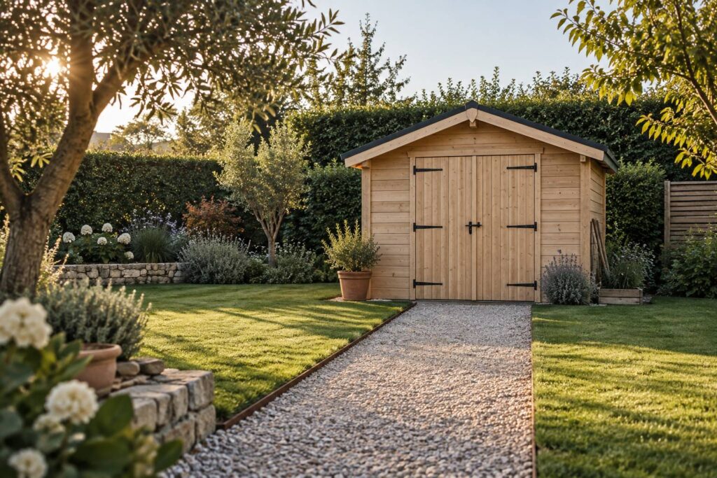 Abri de jardin en bois clair au fond d'une pelouse avec haie taillee