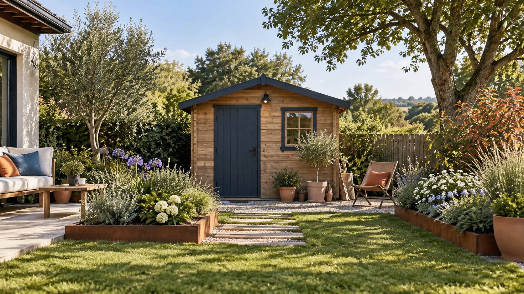 Abri de jardin en bois clair au fond d'une pelouse avec haie taillee