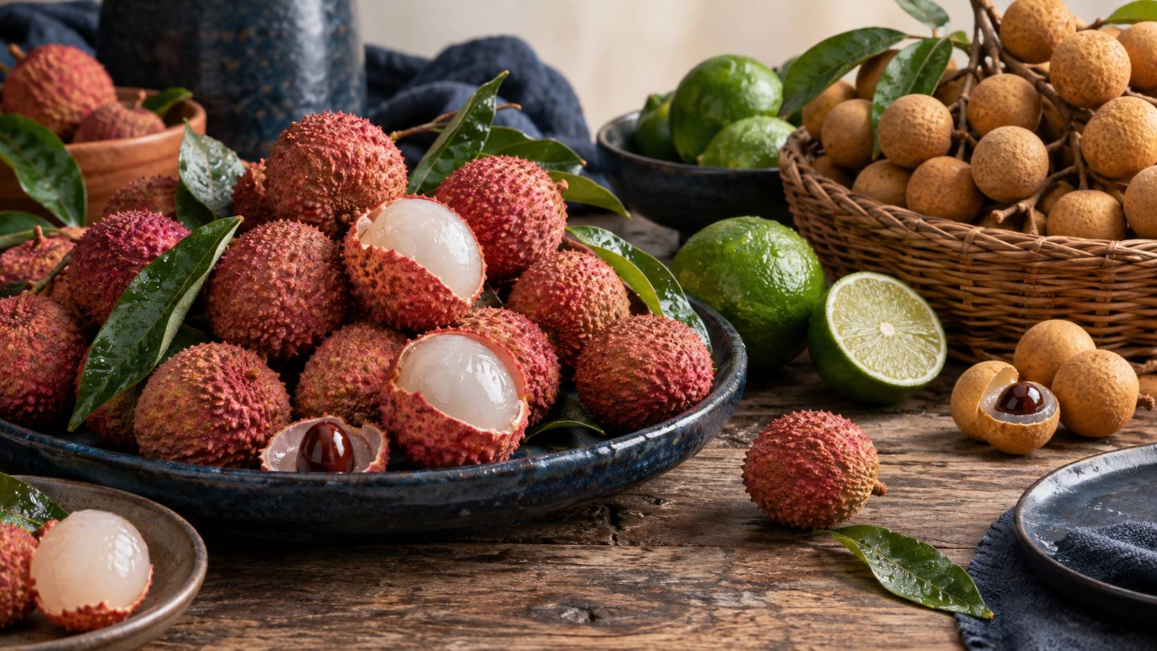 Panier de litchis, de limes et de longanes frais sur un etal de marche en bois