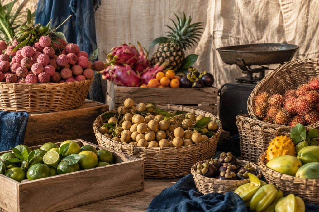 Panier de litchis, de limes et de longanes frais sur un etal de marche en bois
