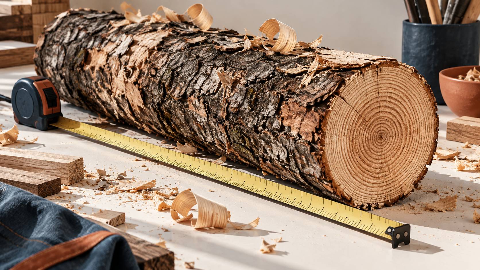 Détail d'une bûche de 50 cm mesurée au mètre ruban avec ses cernes visibles