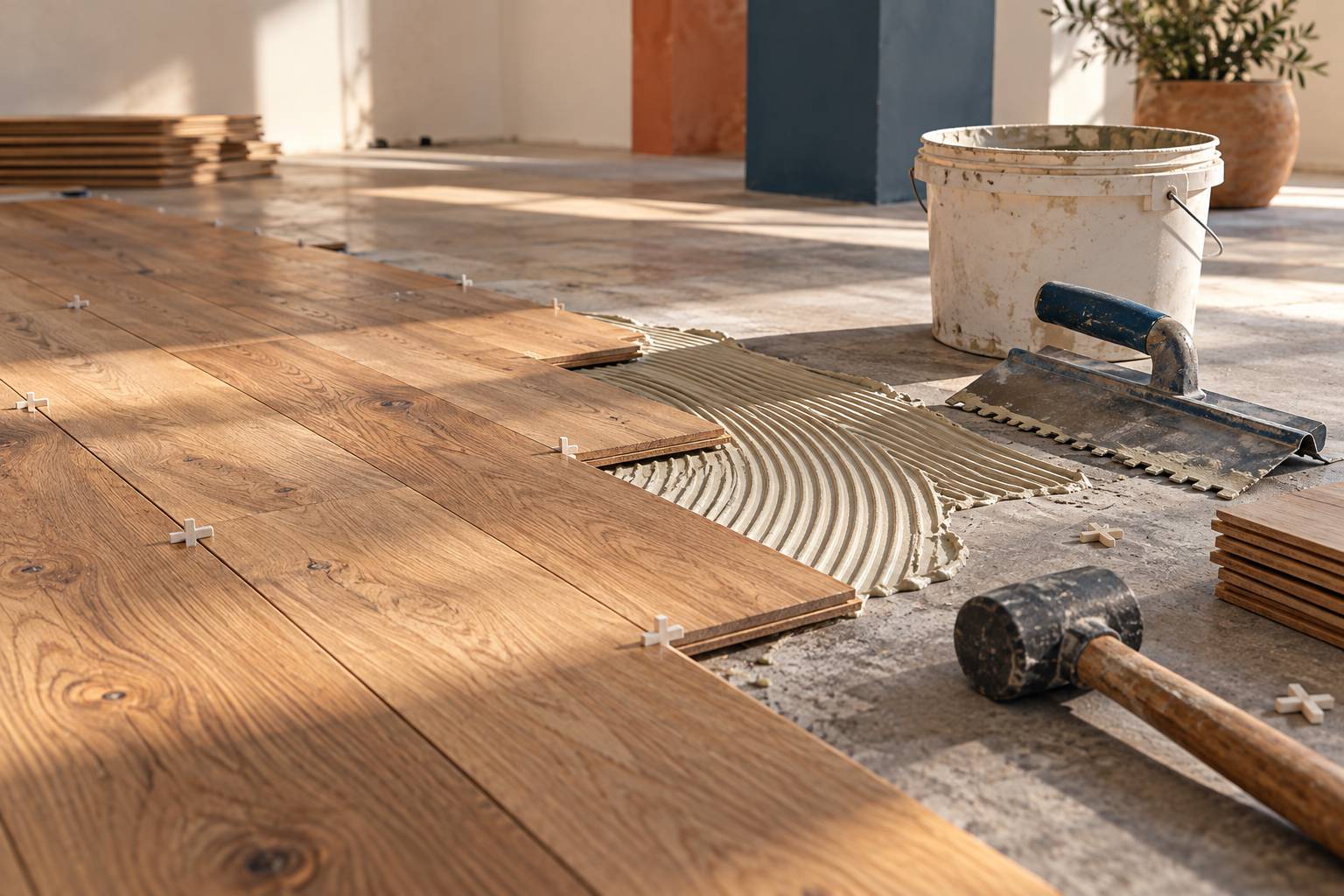 Détail de lames de parquet collées avec croisillons et spatule crantée
