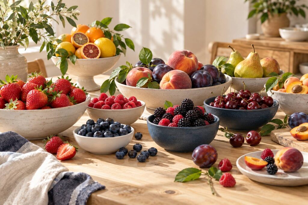 Assortiment de fruits et baies aux teintes variees dans des coupes sobres