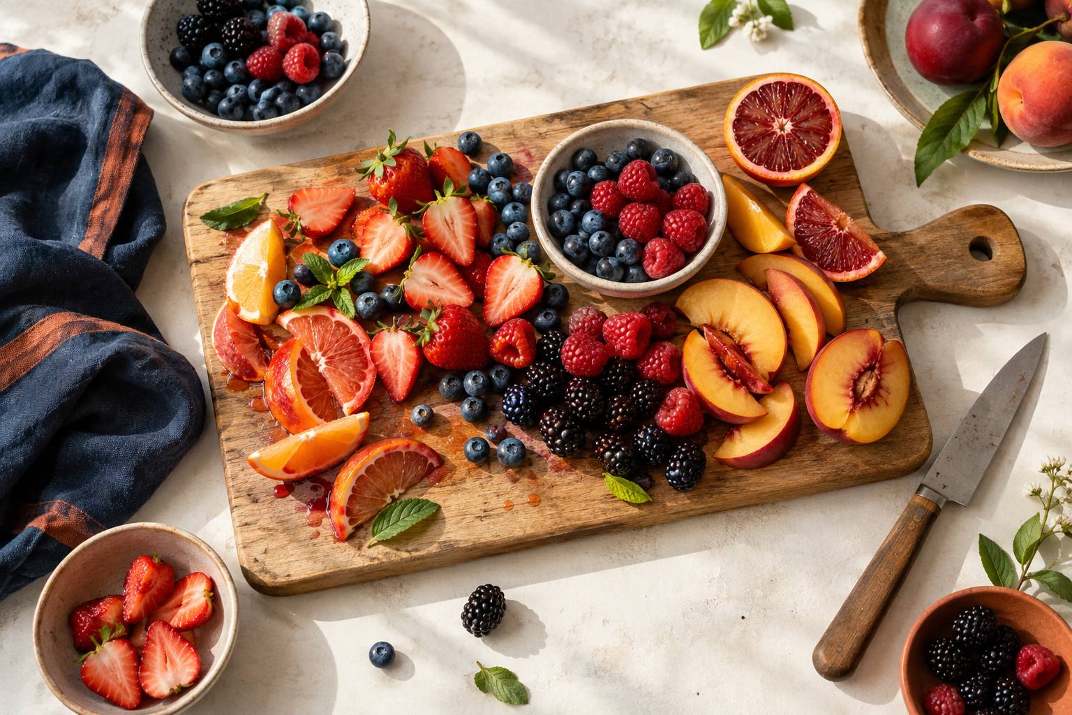 Baies et fruits decoupes sur une planche en bois avec un couteau