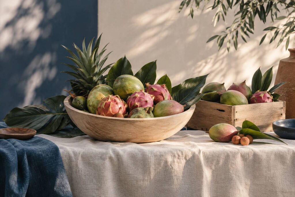 Etal de fruits tropicaux frais dans une corbeille en bois clair