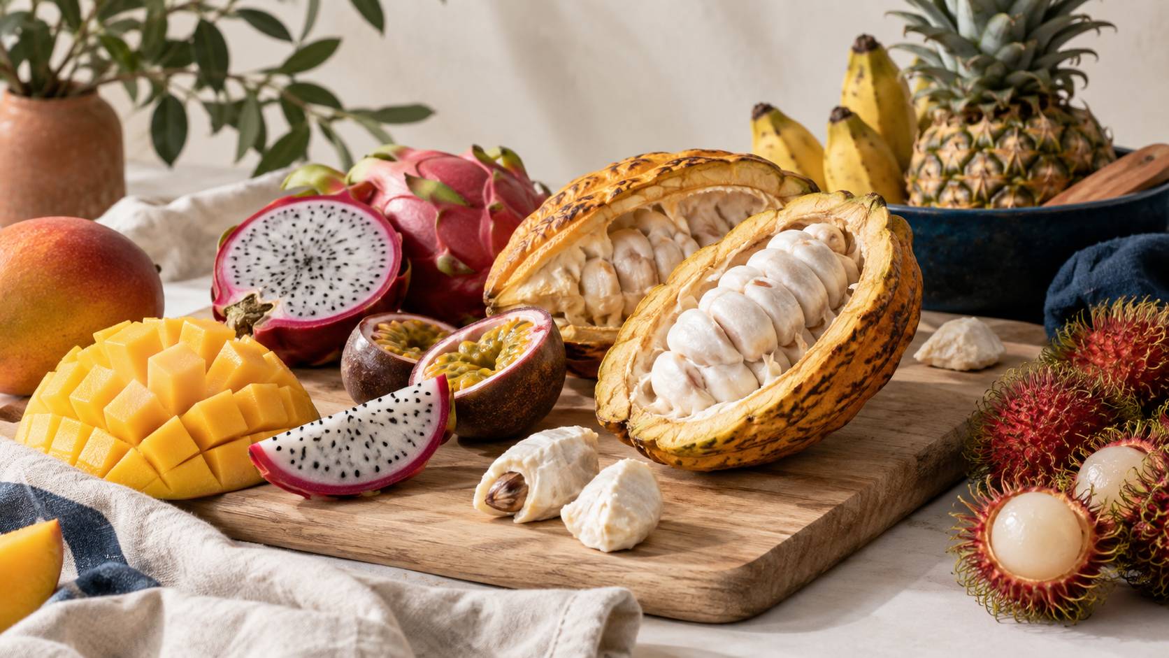 Fruits exotiques coupes a pulpe blanche sur une planche en bois