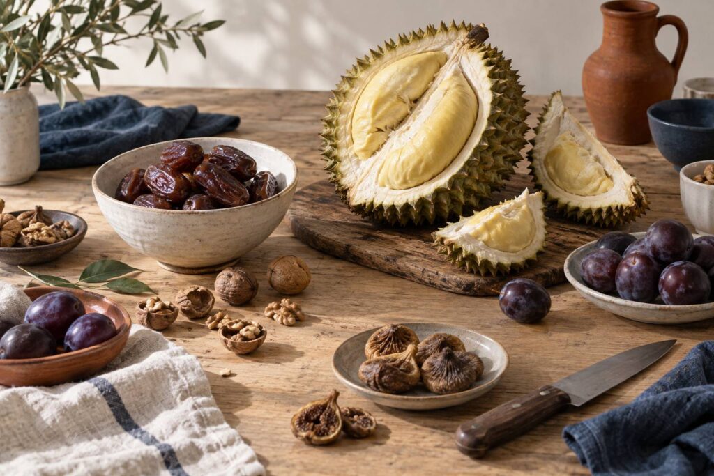 Fruits variés, dattes et fruits exotiques disposés sur une table en bois clair