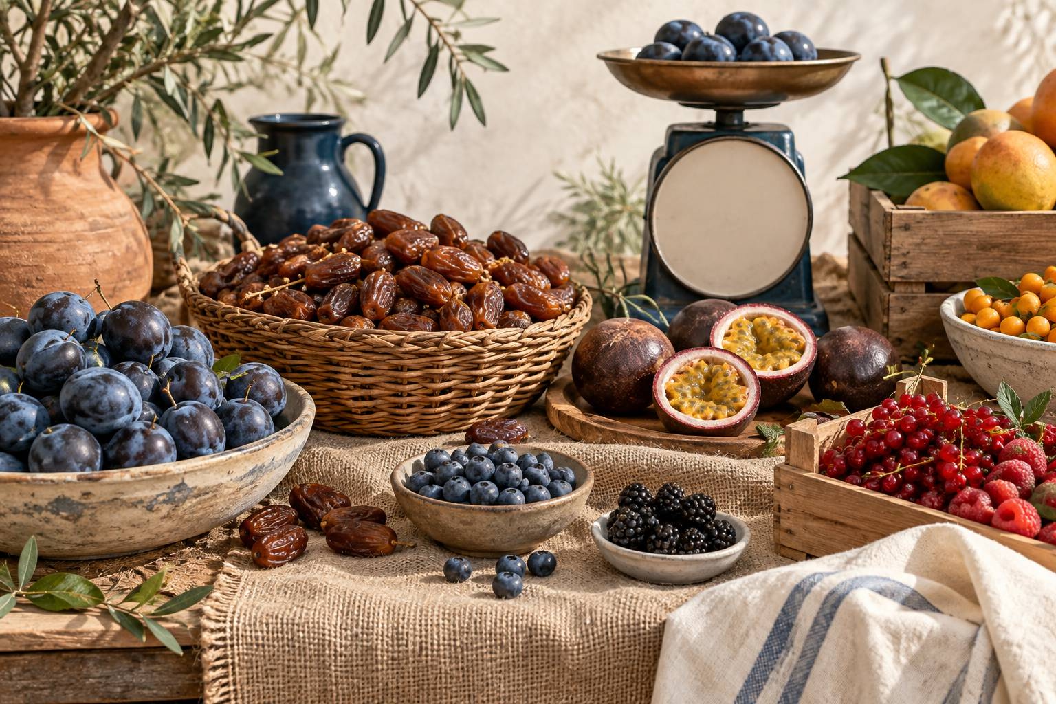 Étal de fruits frais avec panier en osier et balance de cuisine au cadran lisse
