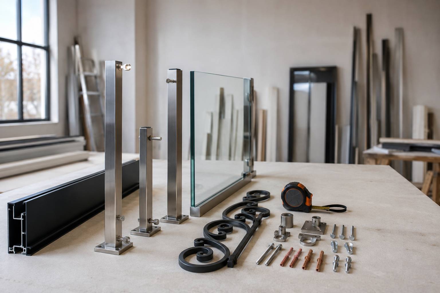 Échantillons de garde-corps en aluminium, inox, verre et fer forgé avec mètre ruban sur un établi