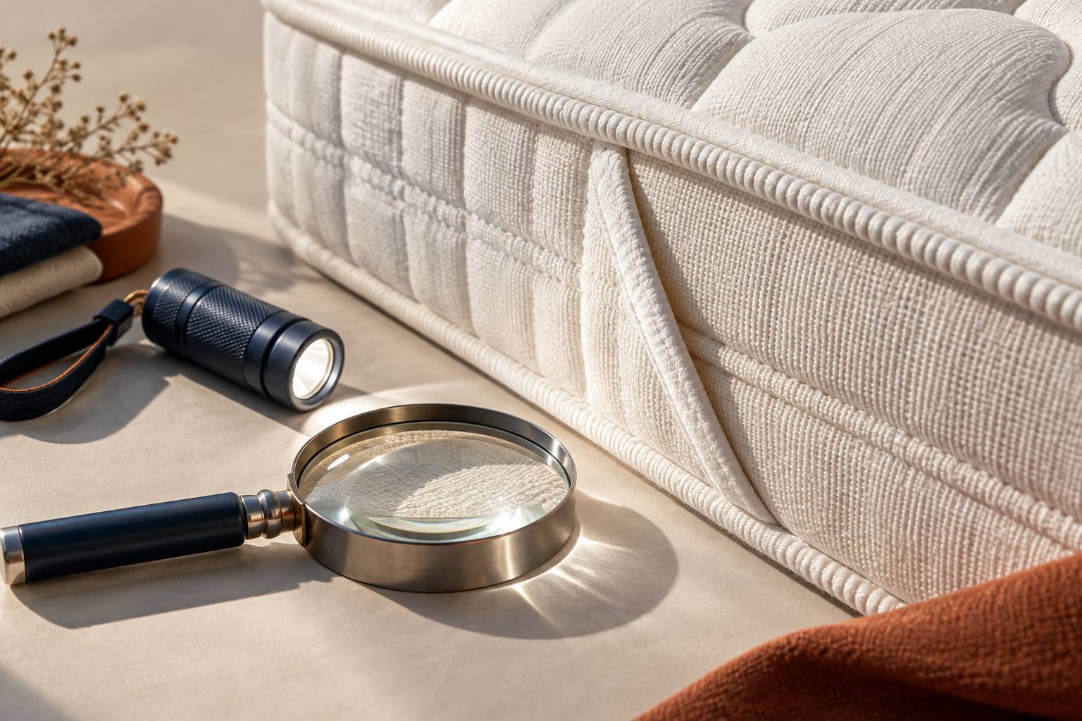 Gros plan sur la couture d'un matelas inspectée avec une loupe