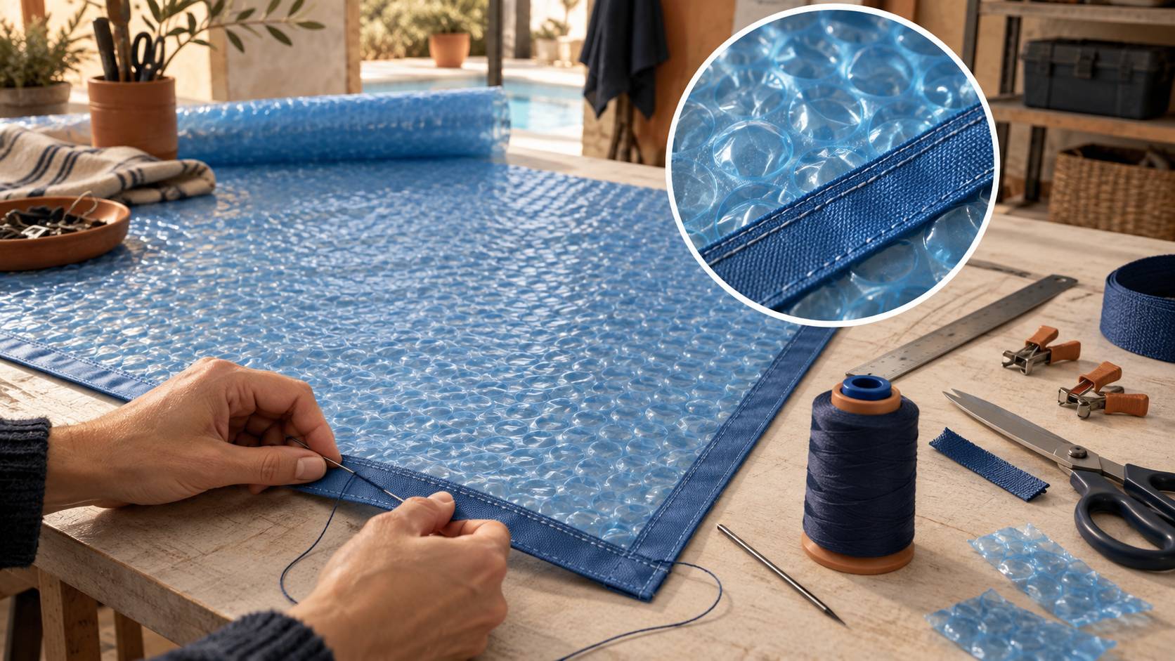 Illustration éditoriale du sujet : Guide pratique : coudre une bâche à bulles pas à pas