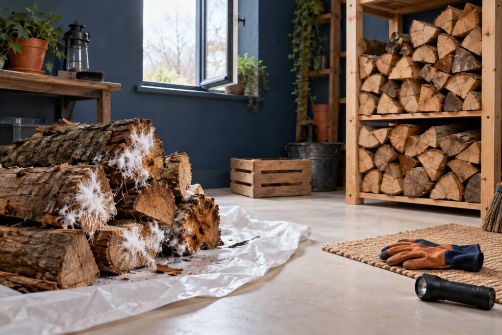 Illustration éditoriale du sujet : Mérule sur bois de chauffage : comment la détecter et la prévenir efficacement ?