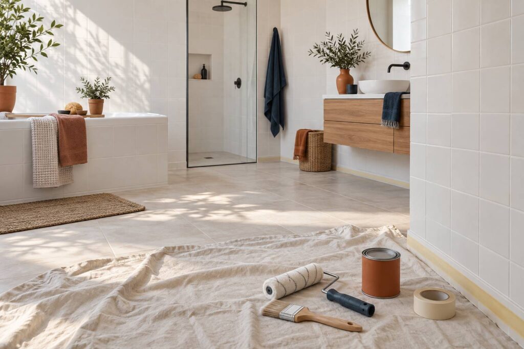 Carrelage mural fraichement peint en blanc casse dans une salle de bain claire