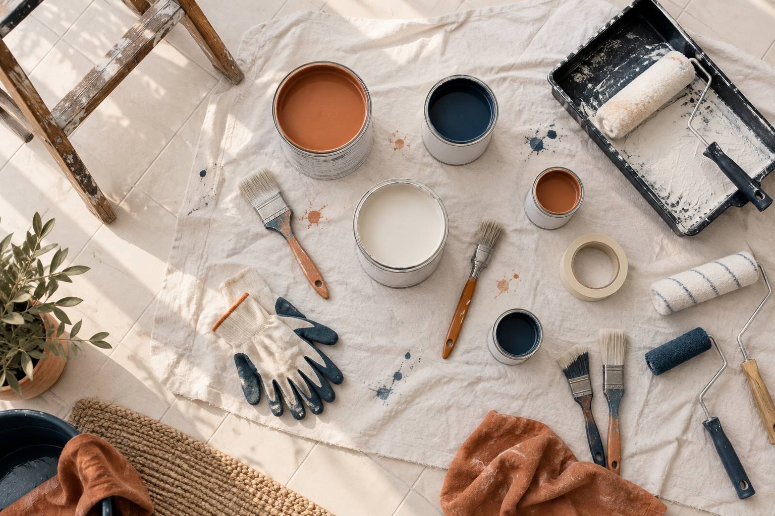Pinceaux, rouleau et pots de peinture poses sur une bache dans un atelier