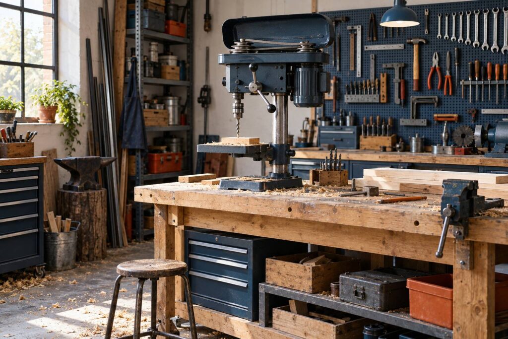 Perceuse a colonne d'etabli posee sur un etabli d'atelier en bois clair