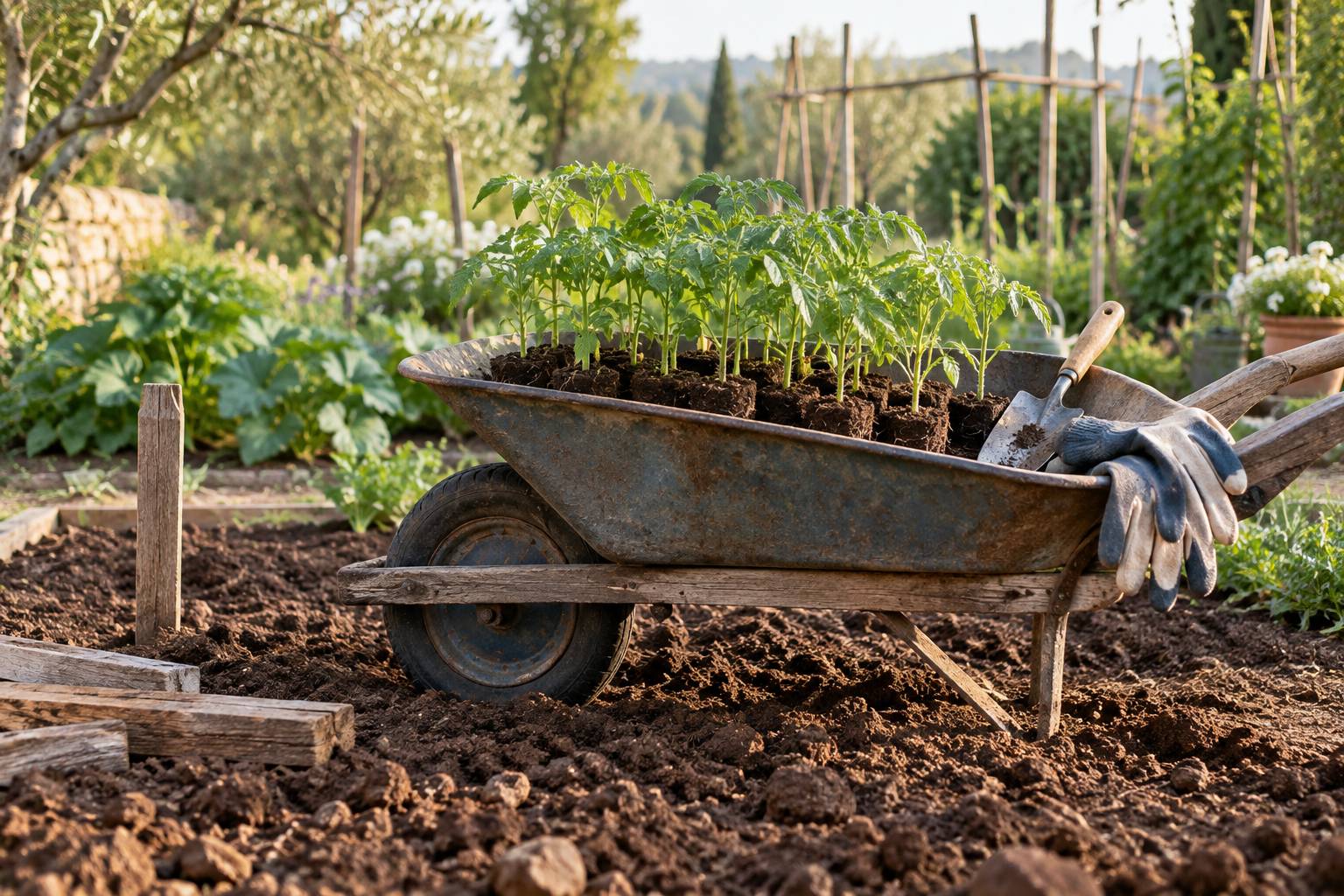 Mottes de tomates sur une brouette avec transplantoir et gants de jardin