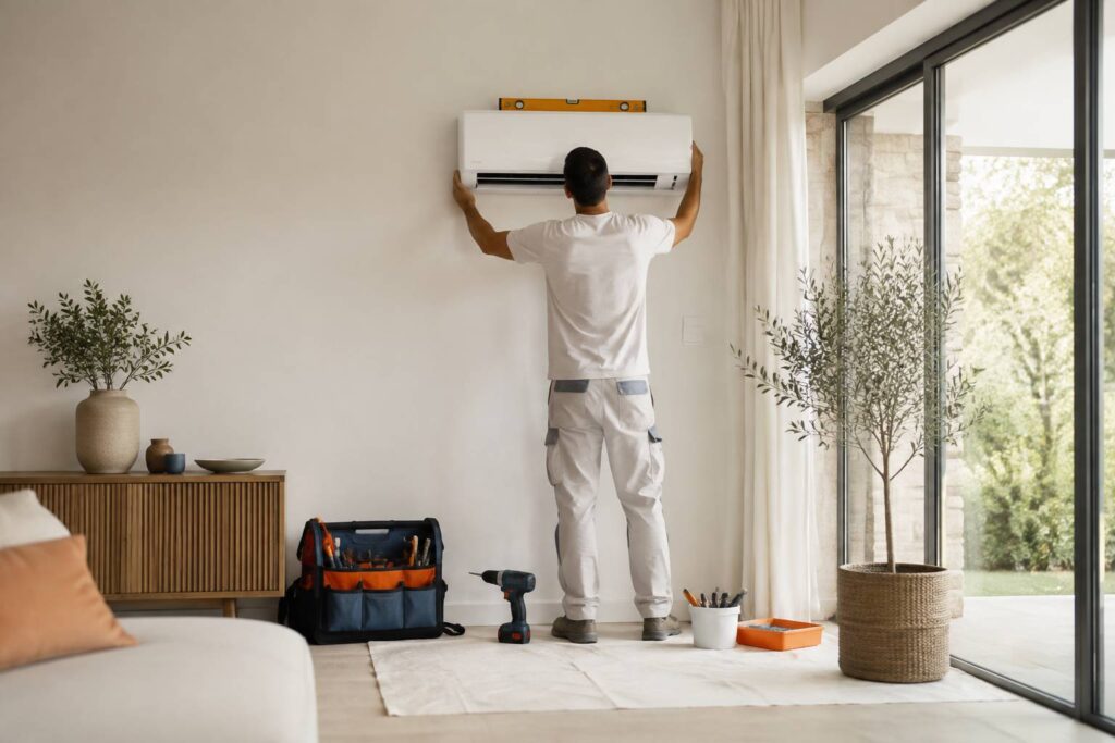 Technicien fixant une unité murale de climatisation dans un salon