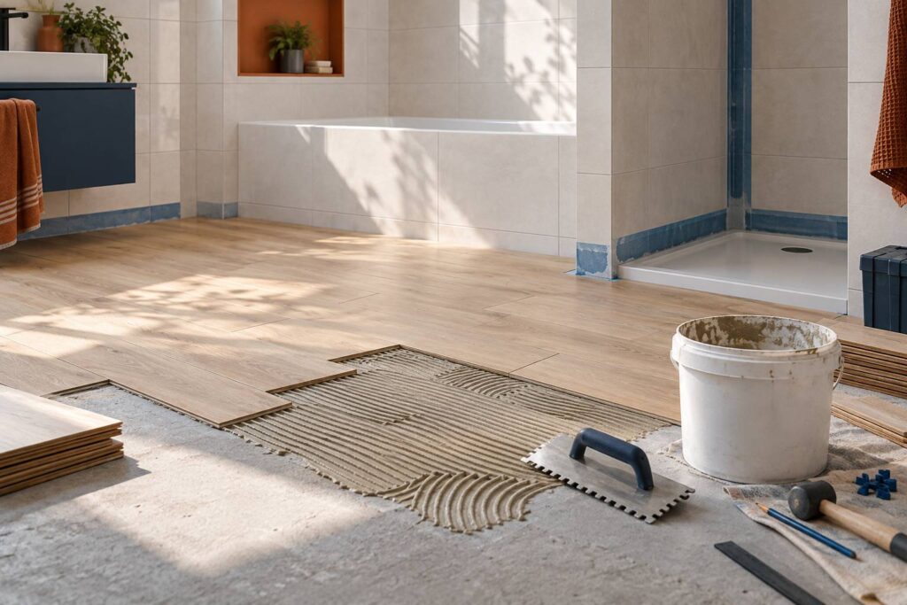 Pose de parquet collé dans une salle de bain en rénovation avec outils