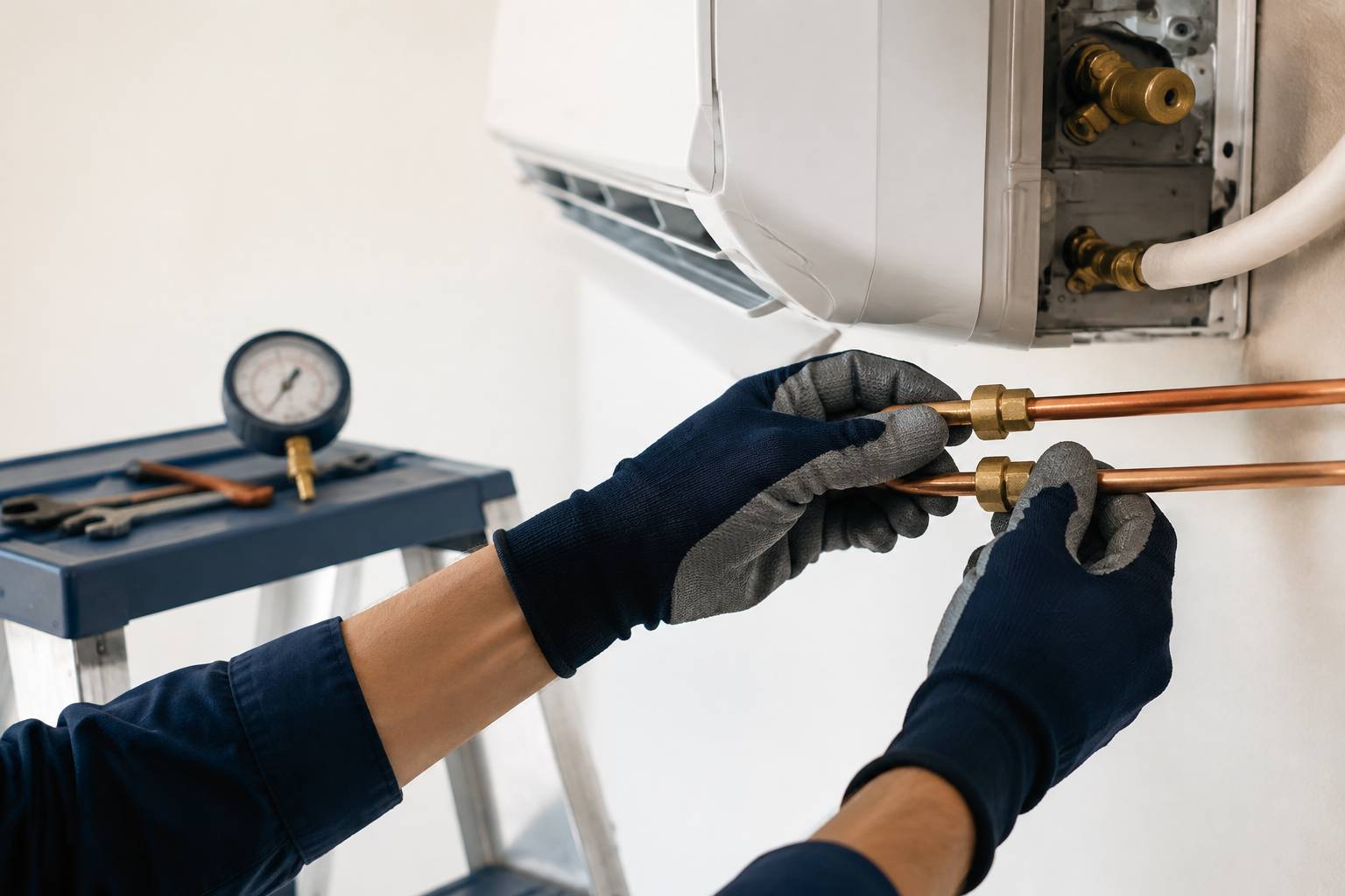 Mains gantées raccordant les tubes de cuivre d'un climatiseur