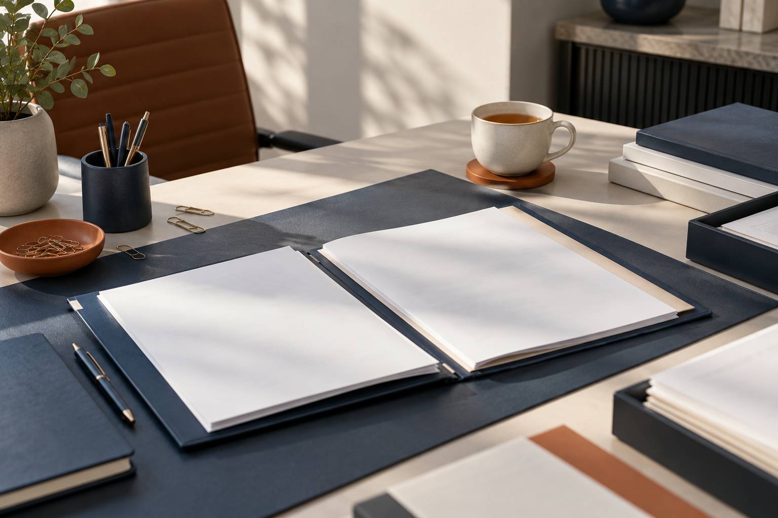 Dossier ouvert aux pages floues et tasse de the sur une table de travail