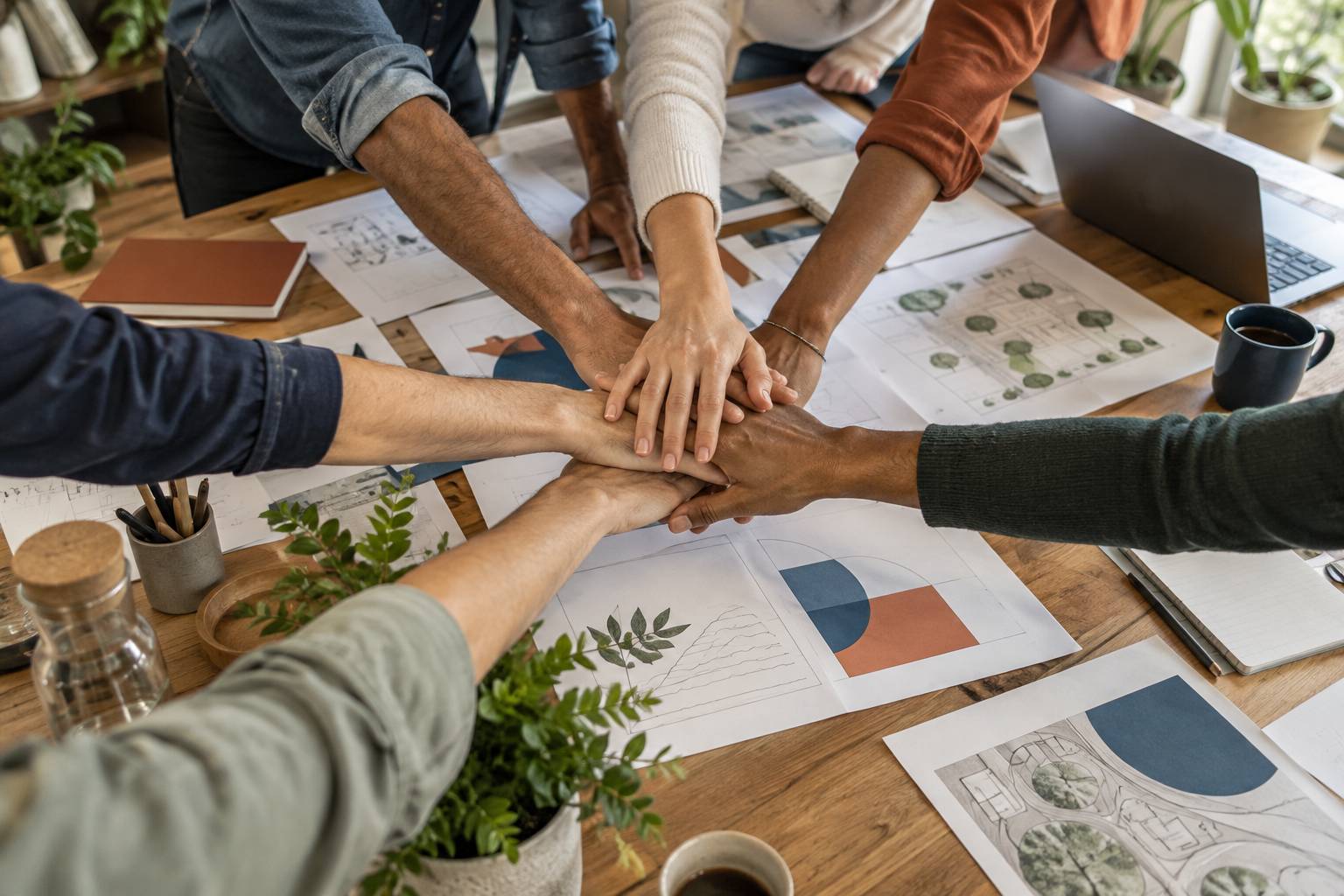 Vue large de mains de plusieurs personnes se rejoignant au centre au-dessus de documents et de plans d'activit