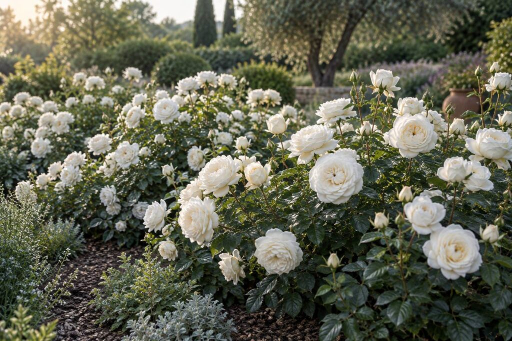 Roses blanches épanouies dans un massif avec feuillage vert sombre