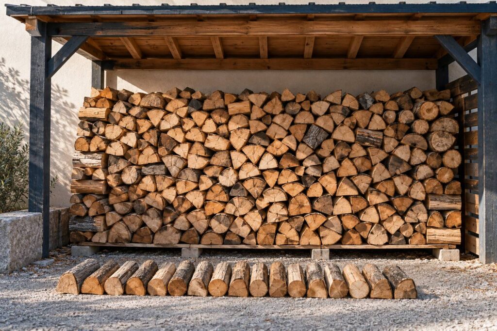 Stère de bûches de bois de 50 cm empilées sous un auvent