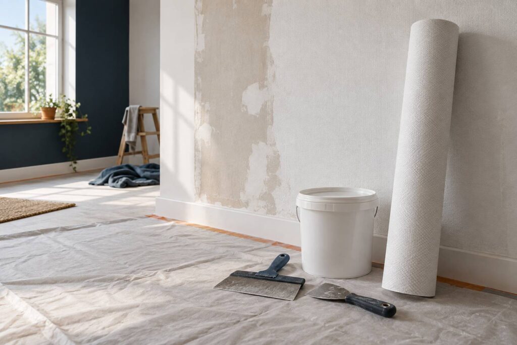 Rouleau de toile de verre et pot de colle dans une pièce en rénovation