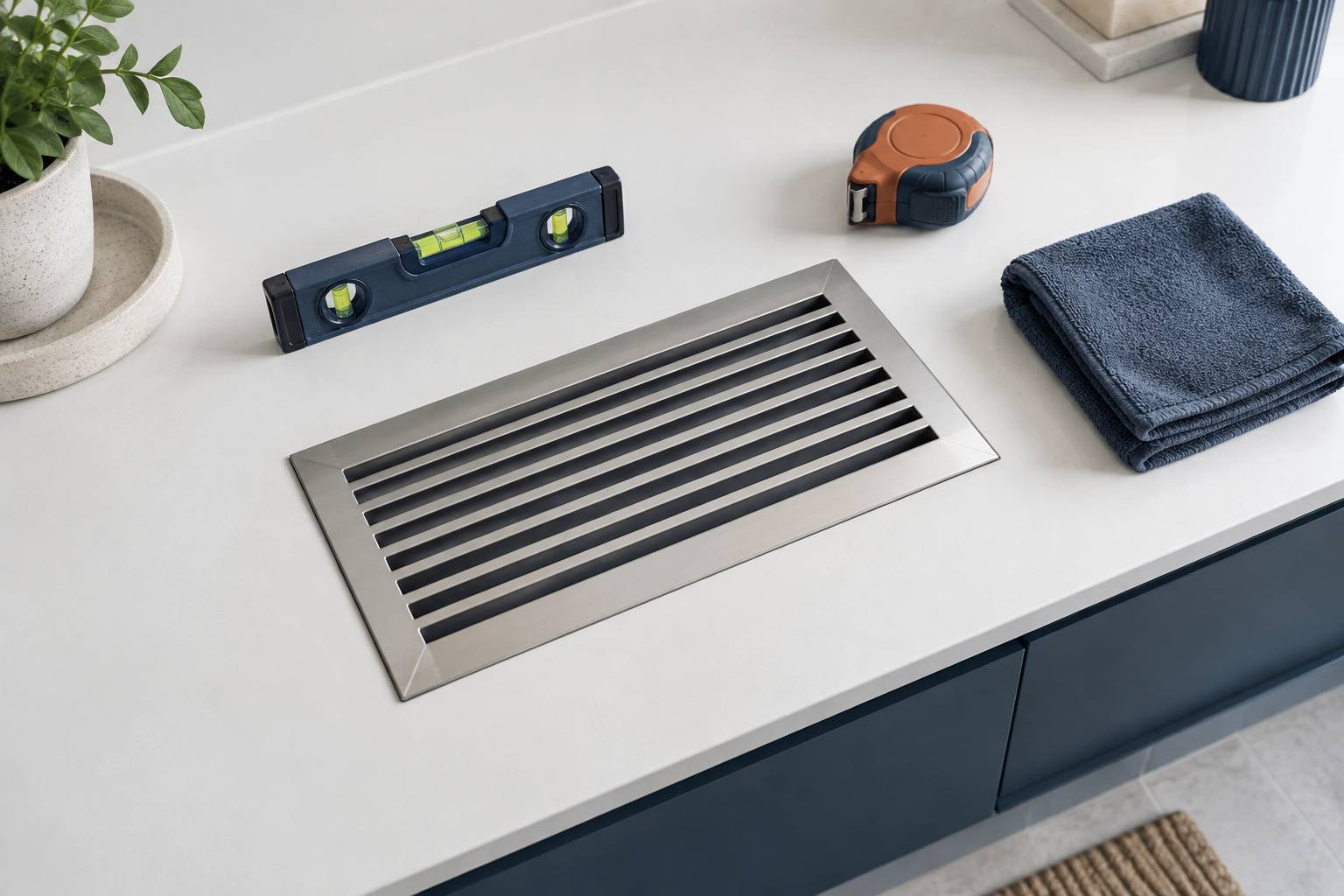 Grille de ventilation en inox et niveau à bulle sur un plan de toilette