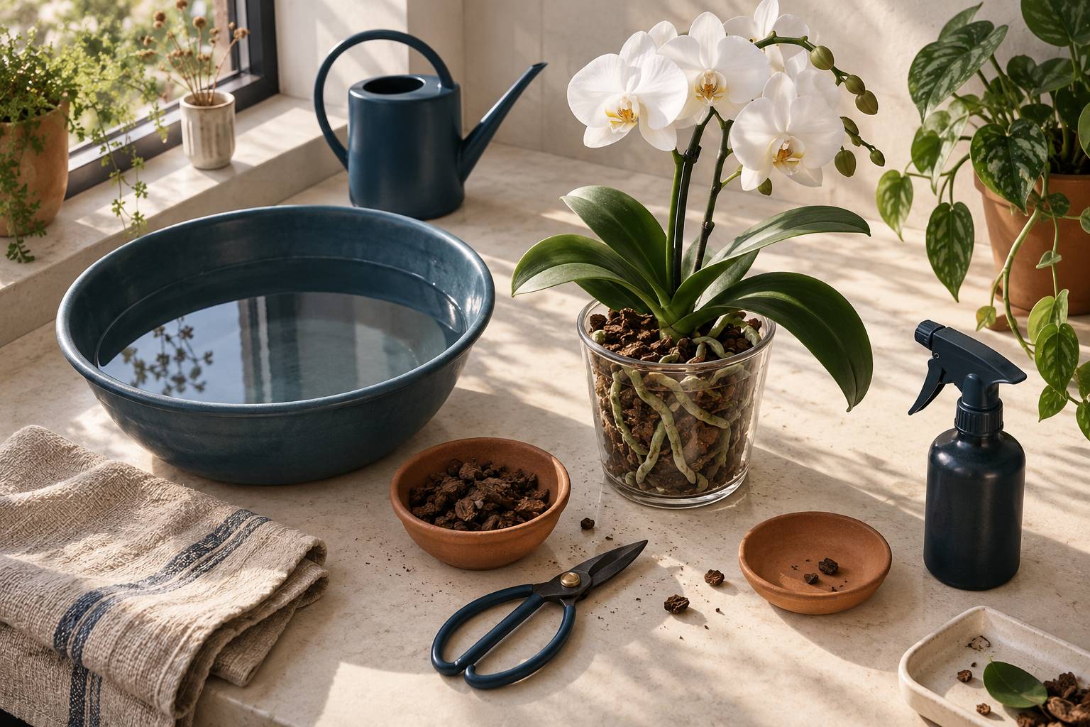 Orchidee aux racines visibles dans un pot transparent pres d'une bassine d'eau