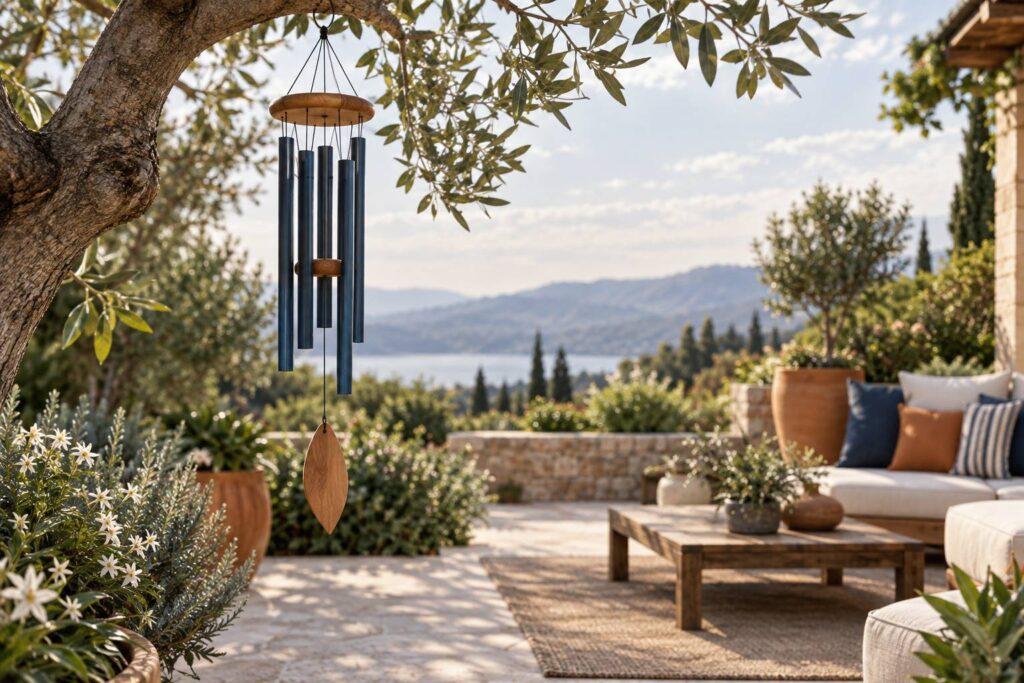 Carillon a vent en tubes metalliques et bois suspendu dans un jardin lumineux