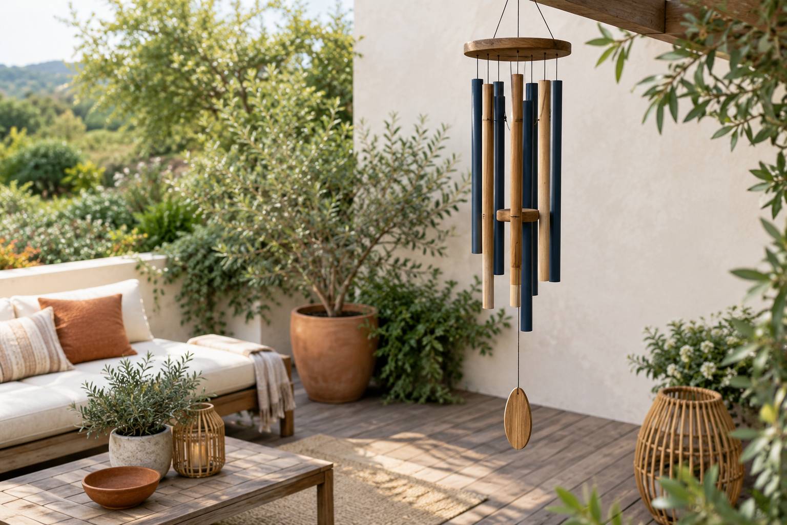 Detail d'un carillon a vent avec tubes, voile et battant suspendus devant un mur clair