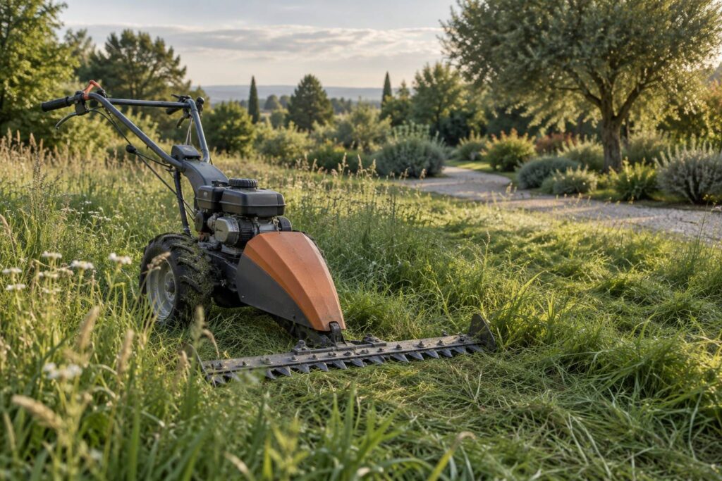 Motofaucheuse dans un grand jardin verdoyant en lumiere naturelle