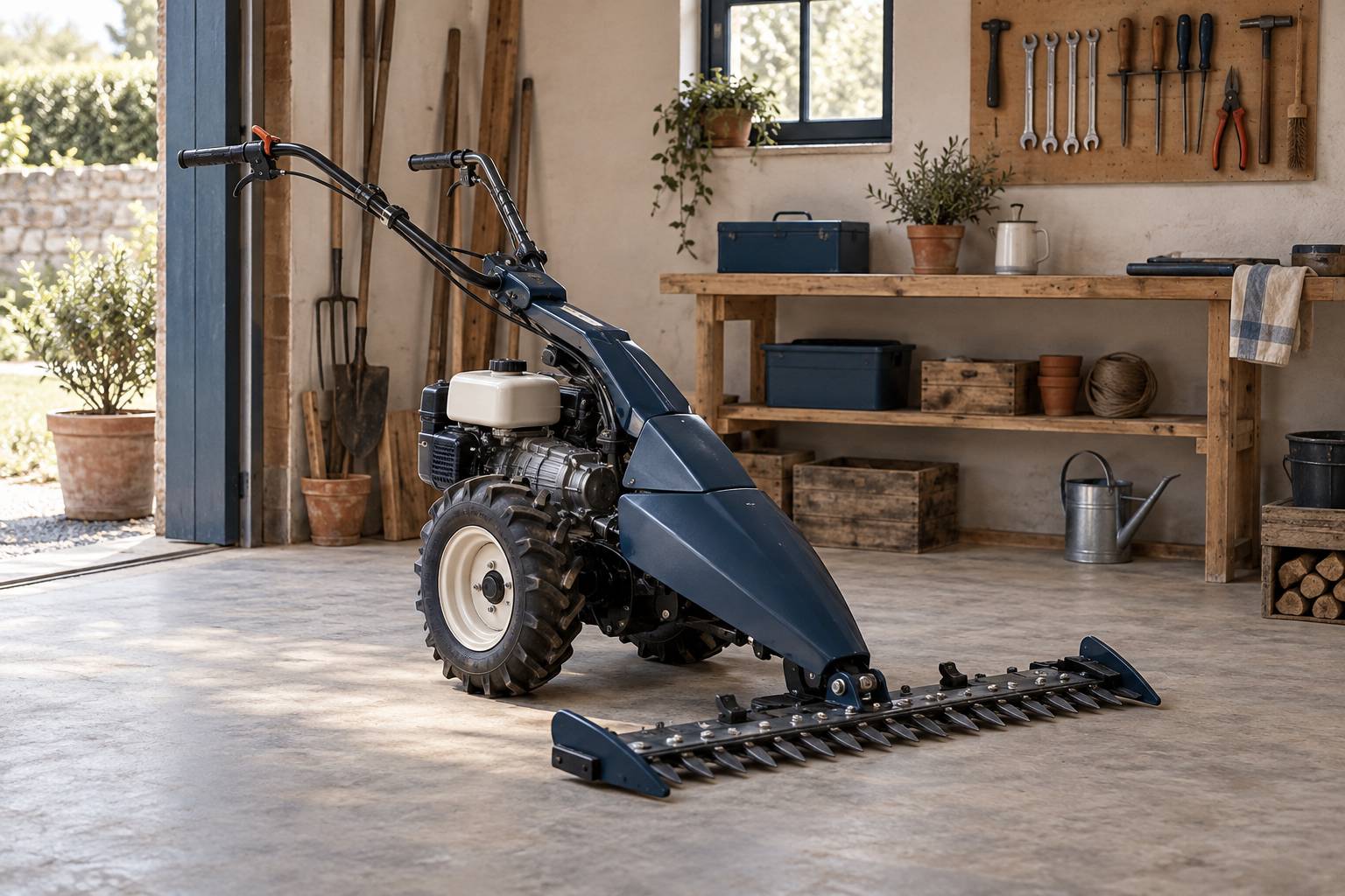 Motofaucheuse et outils de jardin ranges dans un hangar