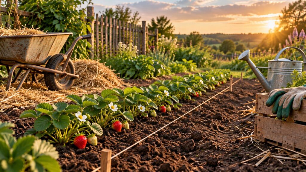 Rangee de plants de fraisiers en fleurs dans une planche de potager preparee, arrosoir et brouette