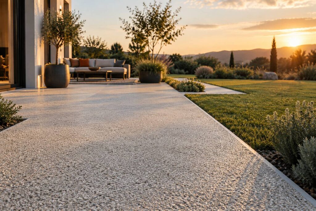 Terrasse en beton desactive fini avec bord net et gazon