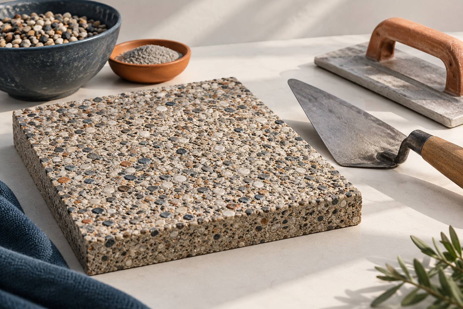 Echantillon de beton desactive avec truelle et taloche