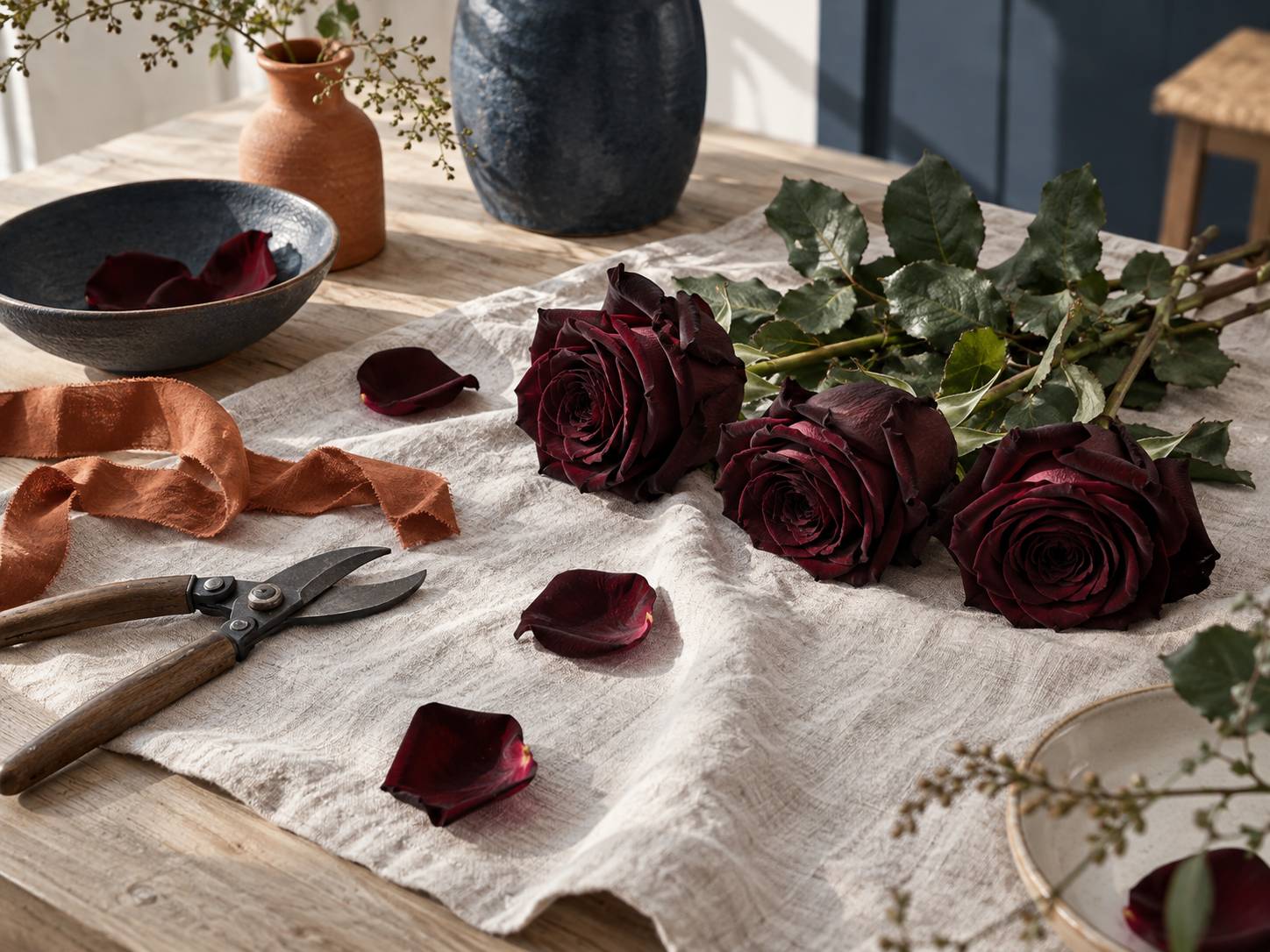 Trois roses tres foncees avec secateur et petales sur un linge clair